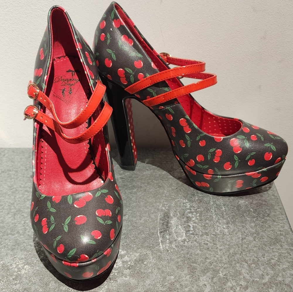Retro Pin-Up Cherry Print Double Strap Heels by Banned Dancing Days - Picture 5 of 10